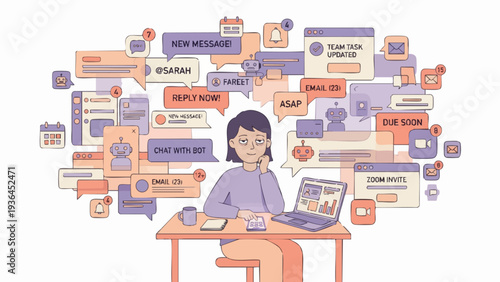 Digital Age Human Experience - Woman Overwhelmed by AI Notifications and Digital Overload at Work Flat Vector Illustration