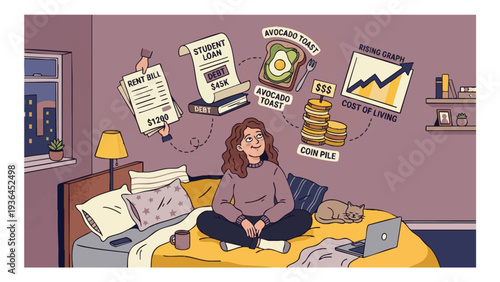 Digital Age Human Experience - Gen Z Woman Overwhelmed by Financial Anxiety and Cost of Living Flat Vector Illustration