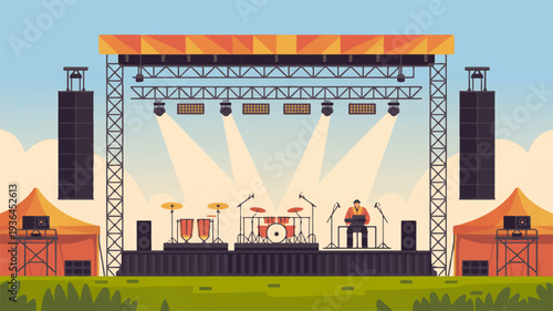 Outdoor music festival stage with band performing under colorful lights and tents