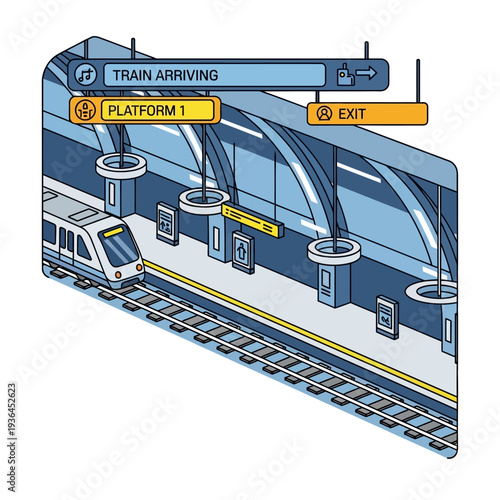 Train Station Platform with Arriving Train.