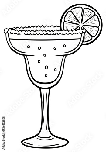 Hand-drawn outline of a margarita cocktail with a salt rim and lime slice garnish