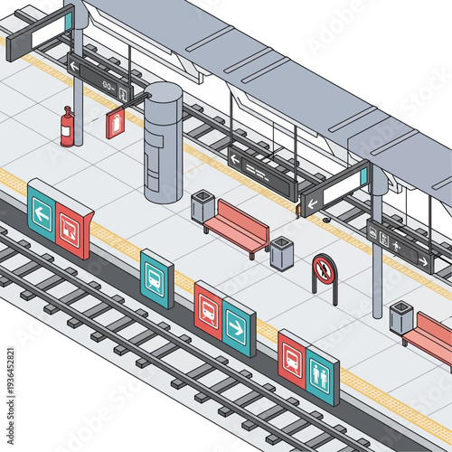 Empty Train Station Platform with Benches and Signs.