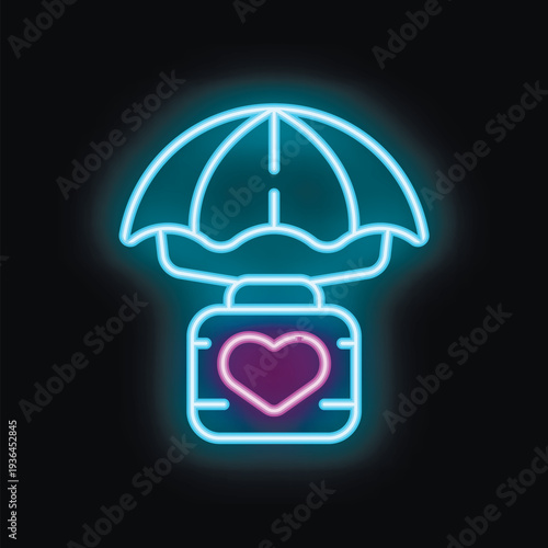Neon sign of a air balloon delivering a heart symbol, representing the concept of love delivery