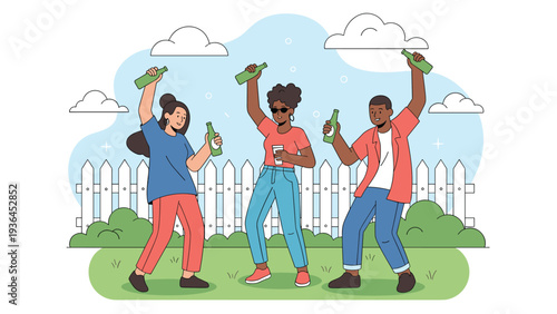 Group of diverse friends enjoying a lively backyard party while dancing and drinking beer by a white picket fence.