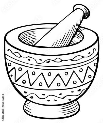 Illustration of a decorative mortar and pestle for grinding ingredients.