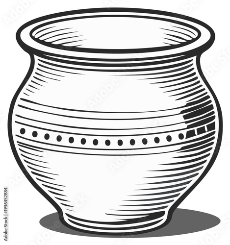Hand Drawn Pot Vector Illustration. Vintage ceramic vase or container with line art texture pattern.