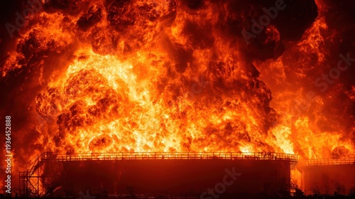 Massive orange flames and thick black smoke rising from a burning industrial fuel storage tank after an explosion at an oil refinery or depot.
