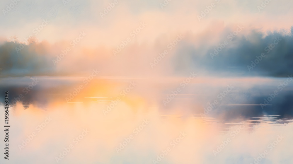 Obraz premium Serene lake dawn watercolor illustration tranquil pastel tones peaceful landscape airy composition visual art