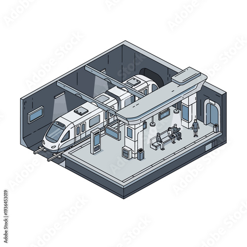 Isometric Illustration of Train Station with Train.