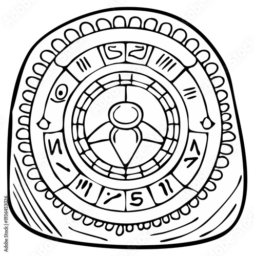 Ancient Mysterious Amulet with Symbols and Ornament Outlined on White