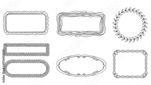 Set of elegant hand-drawn black and white decorative frames and wreaths with intricate patterns and leafy designs.