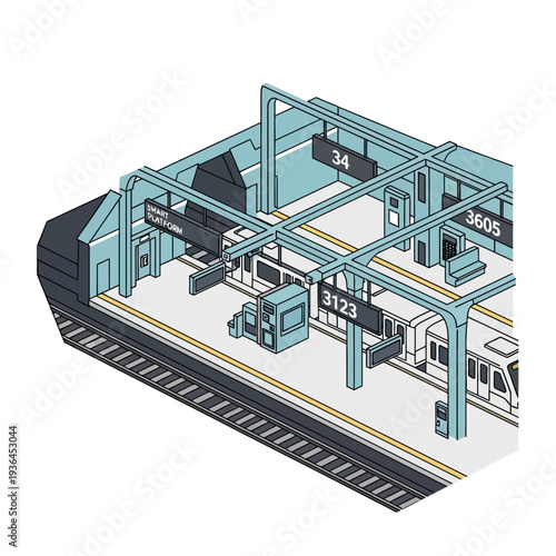 Isometric Illustration of Modern Train Station Platform.