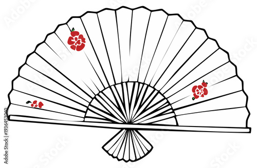 Elegant Asian-Inspired Hand Fan Illustration Featuring Delicate Red Flower Accents on a White Background Design element