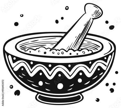 Illustration of a mortar and pestle preparing herbs and spices