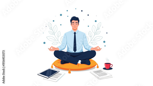 Stressed businessman finding peace by meditating in a lotus pose on a cushion amidst documents, a tablet, and coffee.
