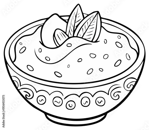 Bowl of Hummus with Almonds and Herbs Coloring Page Line Art Illustration