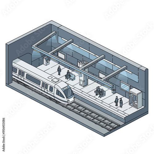 Isometric Illustration of Subway Train Station Platform.