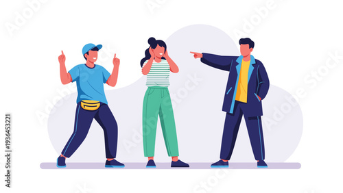 Scene with teenagers pointing and gesturing while a young woman covers her ears in distress against a purple background.