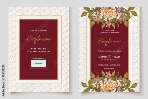 WEDDING INVITATION FRAME WITH FLOWER DECORATIONS AND FRESH LEAVES