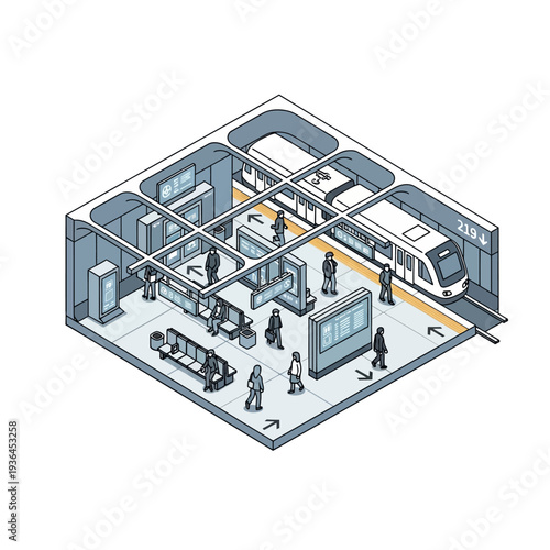 Isometric Train Station with People and Trains.
