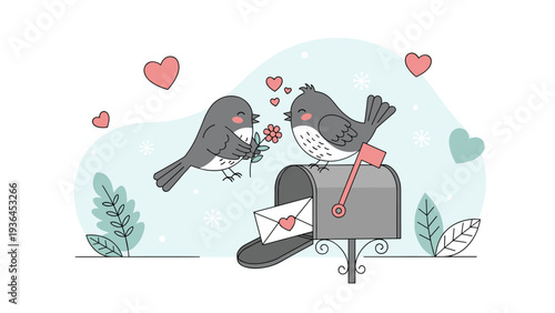 Romantic scene with two cute birds sharing a flower perched on a mailbox containing a love letter with a heart.