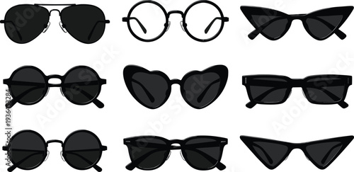 Set of black sunglasses silhouettes featuring various trendy frames like aviator round heart shaped and cat eye for summer fashion accessory and optical shop design