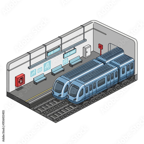 Isometric Illustration of Subway Train Station Platform.