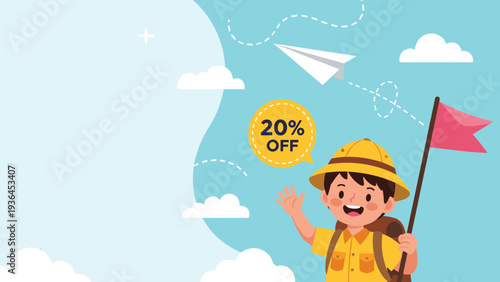 Happy young boy in a scout outfit waving and holding a flag with a twenty percent off sale tag in the background.