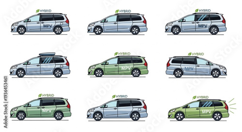 Silver and Green Minivans Side Views.