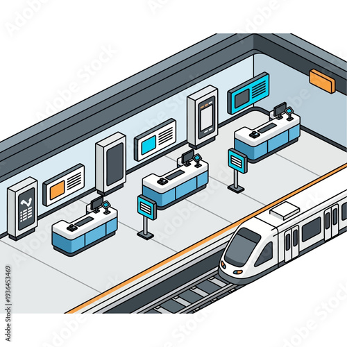 Metro Station with Ticket Machines and Train.