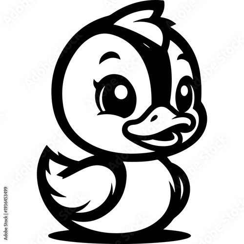 Adorable duckling with big eyes and tuft, cute cartoon duck face. Black and white vector with thick outlines isolated on white background