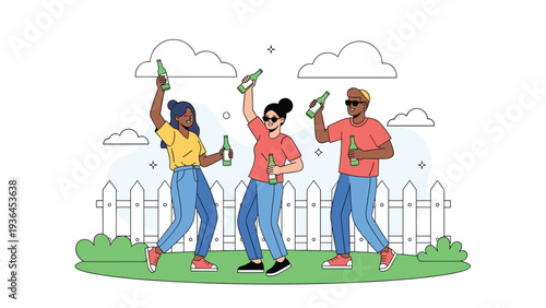 Group of young friends dancing and drinking beer by a white picket fence in a green backyard during a summer party.