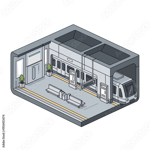 Isometric Illustration of Modern Train Station Platform.