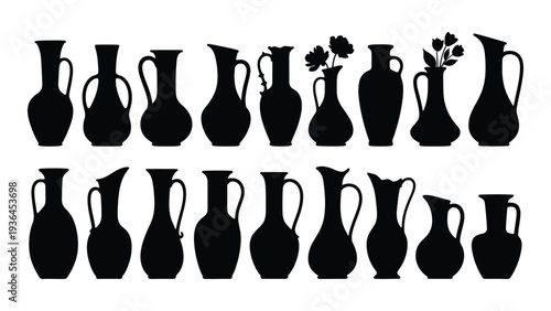 A collection of black silhouette jugs and vases with flowers