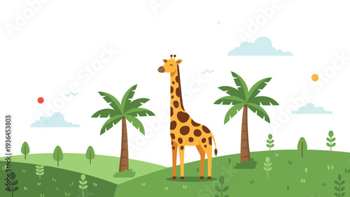 Tall spotted giraffe standing in a vibrant green tropical landscape with palm trees, rolling hills, and fluffy clouds under a clear sky for nature lovers.