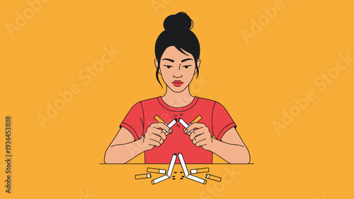 Young woman breaking a cigarette in half to signify her commitment to quitting smoking against a bright orange background for health awareness.