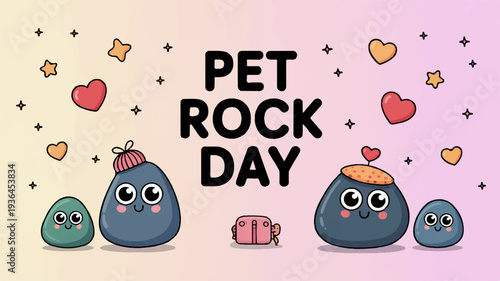Cute cartoon rocks with faces celebrate pet rock day with hearts and stars on pastel background