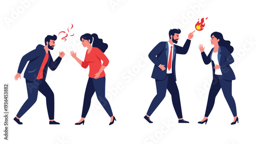 Illustration showing two different couples engaged in heated arguments with visible anger and emotional conflict in both personal and professional settings.