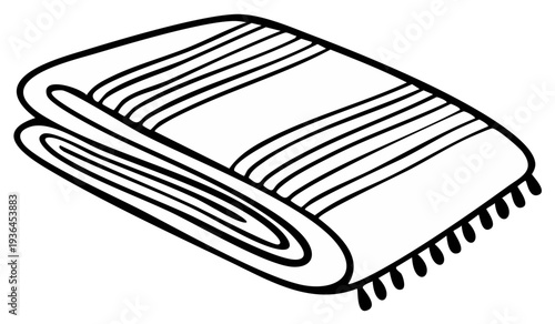 Folded blanket illustration, sketch-style with striped design and tassels.