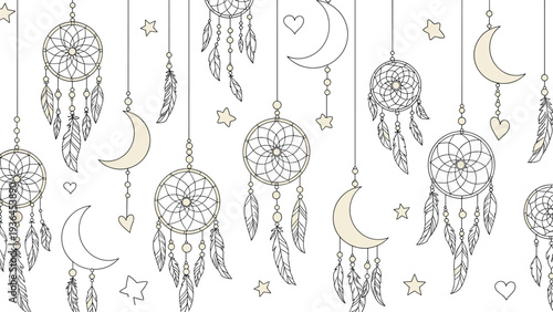 Dreamy seamless pattern featuring various hand-drawn dreamcatchers, crescent moons, and stars in soft neutral tones for a bohemian aesthetic background.