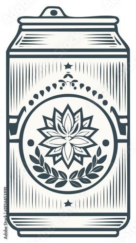 Vintage Style Beer Can with Floral Emblem and Laurel Wreath Illustration
