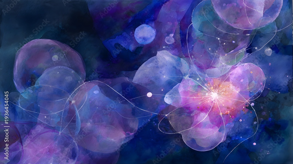 Obraz premium Cosmic particle interaction watercolor art luminous spheres electric blue magenta space design