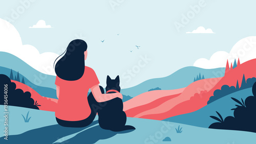 Peaceful illustration of a woman and her dog sitting together on a grassy hill while looking out over a beautiful mountainous landscape at sunset.