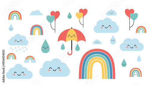 Adorable set of weather icons featuring smiling clouds, colorful rainbows, rain drops, and a cheerful umbrella with a face for children's designs.