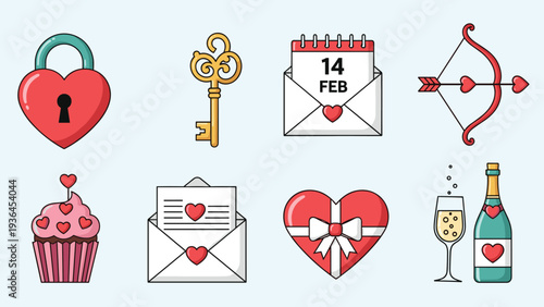 Collection of romantic Valentine's Day icons including a heart lock, golden key, love letters, cupid's bow, and festive champagne for a special date.
