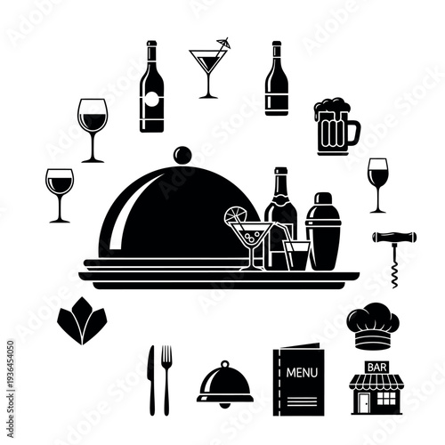 Restaurant Serving Tray with Wine and Drinks Icons Vector