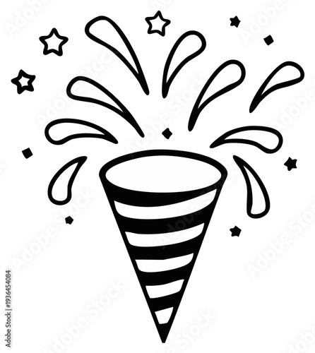 Party popper illustration with stars and confetti, holiday celebration.