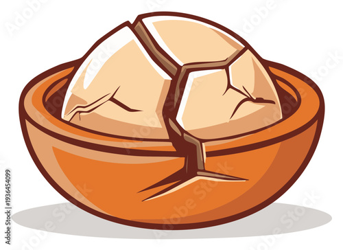 Cracked eggshell in a brown bowl cartoon illustration