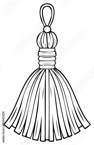Outline drawing of a decorative tassel with looped hanger and layered knot detail