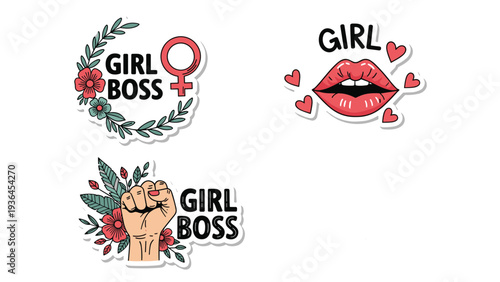 Set of empowering feminist stickers featuring the text Girl Boss with floral wreaths, a raised fist, and vibrant red lips for women's empowerment.